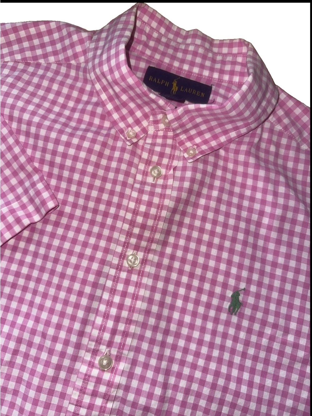 Ralph Lauren Boys Pink Gingham Button Up Shirt Short Sleeve Size Large 14/16
